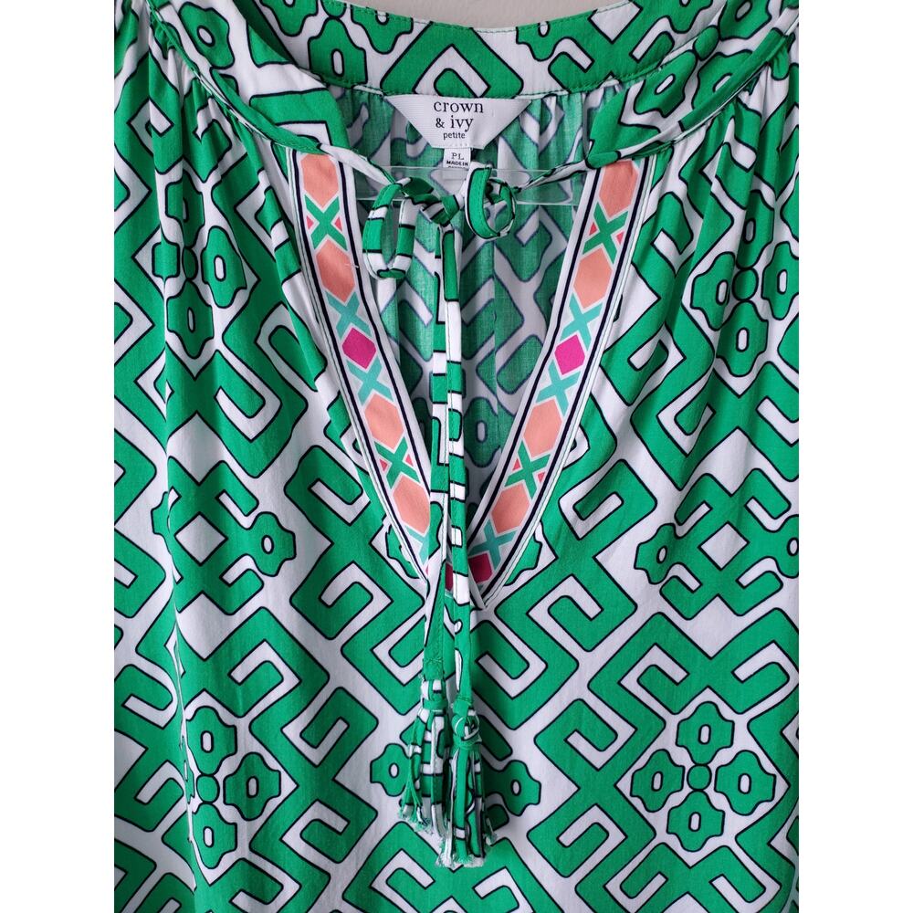Women Crown Ivy Green White Geometric Tunic Top PL Preppy Coastal Summer Classic - Picture 2 of 10
